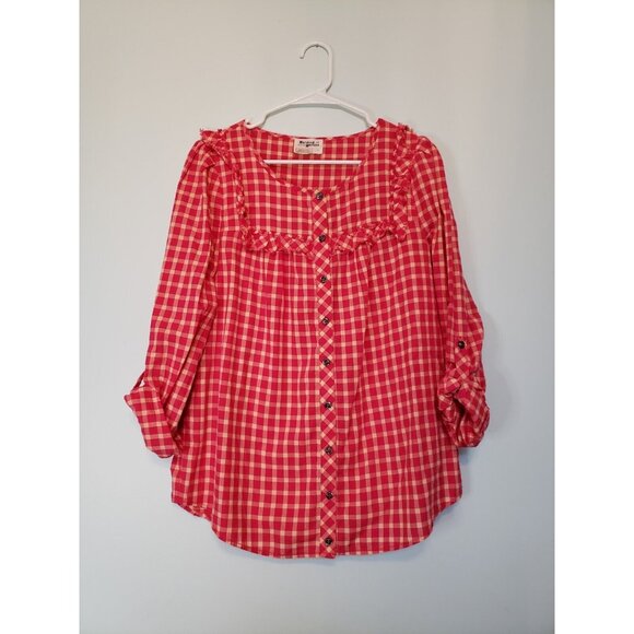 HOLDING HORSES Tops - Holding Horses Women Sz 8 Flannel Shirt Red Plaid Button Roll Tab Sleeve Ruffles